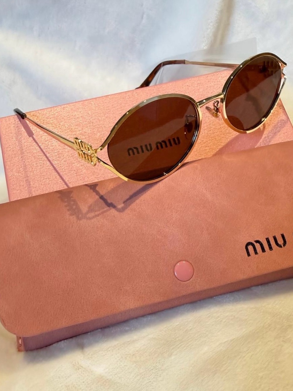 Miu Miu Gold Frame Sunglasses with Brown Lenses and Pink Case